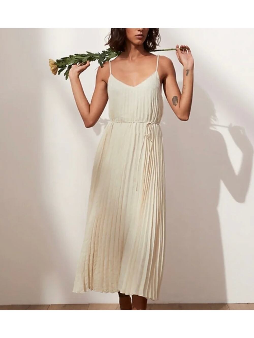 Banana Republic Cream Pleated Midi Dress NWT XS Sleeveless Tie Waist Elegant - Picture 1 of 8